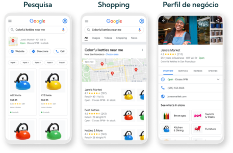 Vitrine digital de produtos de uma loja física listados no Google Shopping, no mapa e nas buscas.