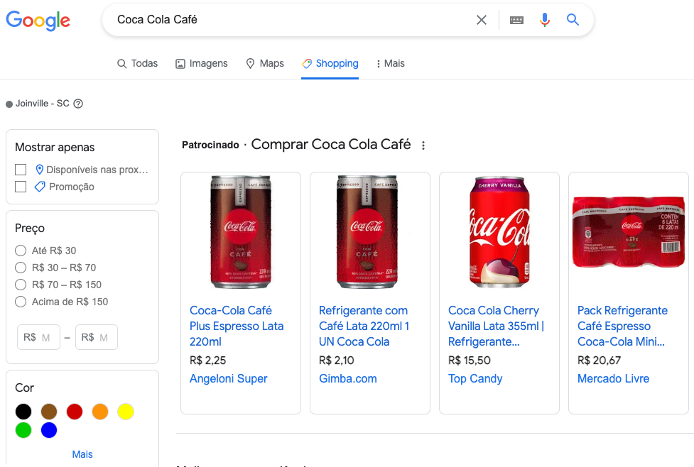 Exemplo de busca da Coca-Cola Café
