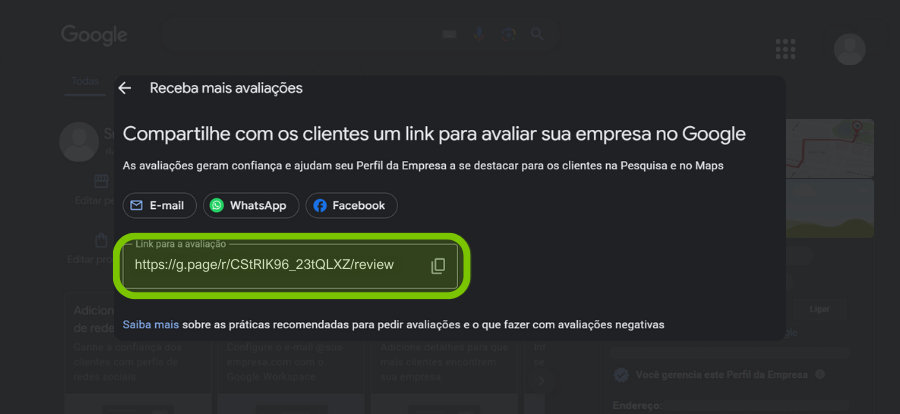 Link compartilhável para receber avaliações no Google
