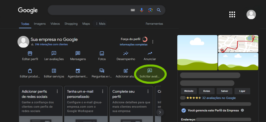 Acessando "Solicitar avaliações no Google"