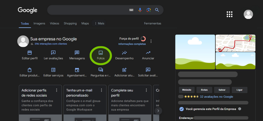 Painel de controle do Google Perfil de Empresa