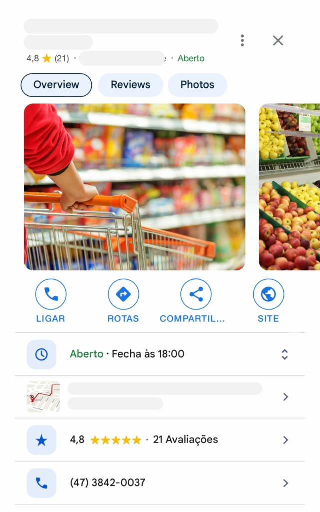 Google perfil de empresa com dados   incluindo o nome do negócio, horário de funcionamento, localização, telefone, fotos e avaliações.