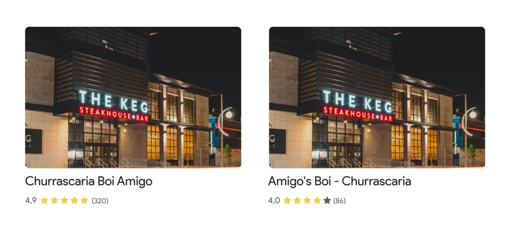 Exemplo de nomes muito parecidos no Google Perfil de Empresa